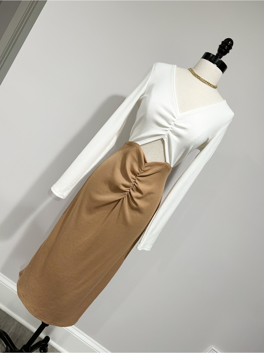 Lulu's White and Camel Ribbed Two-Tone Dress